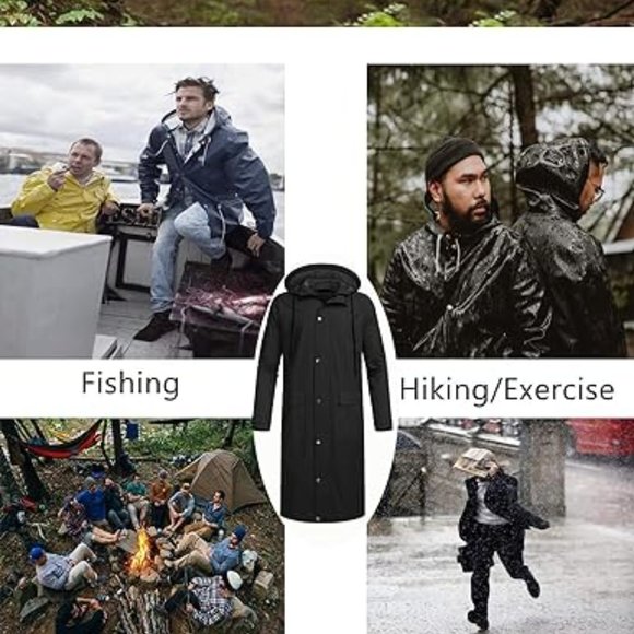 Men's Rain Jacket with Hood Waterproof‎ Lightweight Active Long Raincoat - Picture 2 of 6